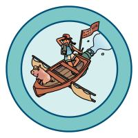 kid and pig ride in a flying propelled rowboat with sail oars and a flag saying "find your voice"