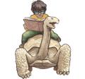 Child with glasses is reading atop a Galapagos Tortoise