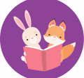bunny & fox reading a book together on a circular purple background