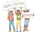 Three kids holding signs saying "READ!", "RENEW!" and "REPEAT"