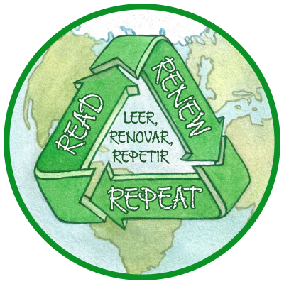 2024 Summer Reading Program logo of green recycle symbol with text Read Renew Repeat