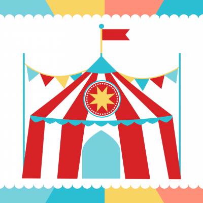Red, white stripped carnival tent with blue, pink and yellow flags and banners