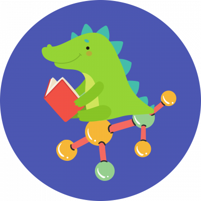 Generic green dinosaur with triangular plates sits atop a molecule while reading, blue background