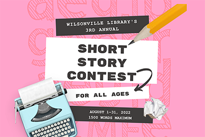 2022 Short Story Contest logo with blue typewriter, crumpled paper, and pencil