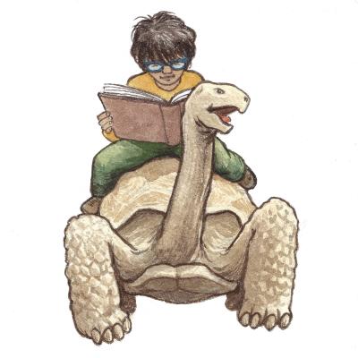 Child with glasses is reading atop a Galapagos Tortoise