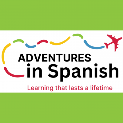 Text "Adventures in Spanish : Learning that lasts a lifetime" under a red plane with a rainbow path trail