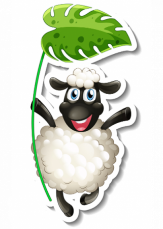 happy sheep holding a tropical frond leaf
