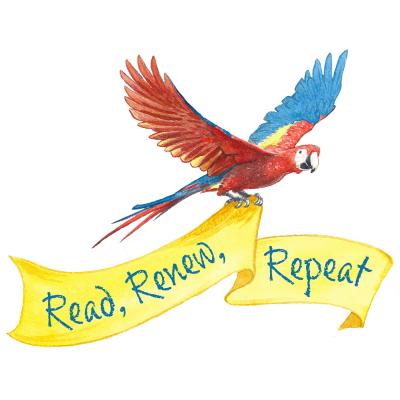 Scarlet Macaw carrying a yellow banner reading "Read, Renew, Repeat"