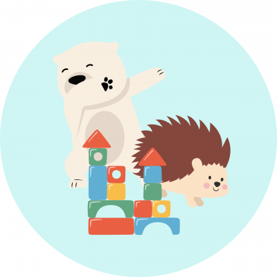 Young polar bear and hedgehog are behind a multicolored block tower. Polar bear is dabbing. Background is light blue