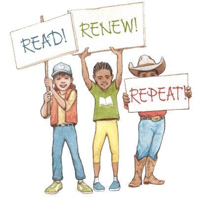 Three kids holding signs saying "READ!", "RENEW!" and "REPEAT"