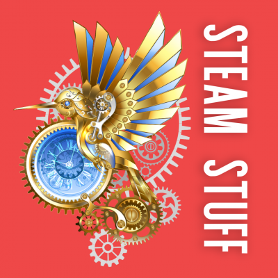 Mechanical hummingbird in front of gears on a red background with white text "STEAM STUFF"