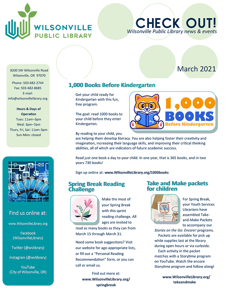 March 2021 Wilsonville Library Newsletter Wilsonville Oregon