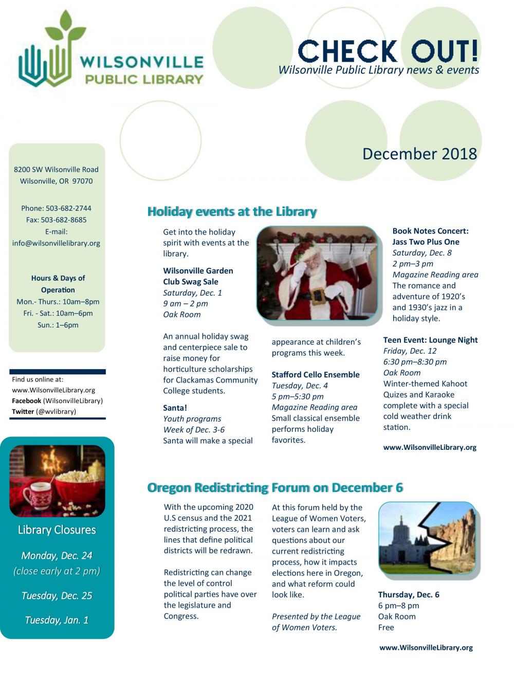 December 2018 Wilsonville Library Newsletter Wilsonville, Oregon