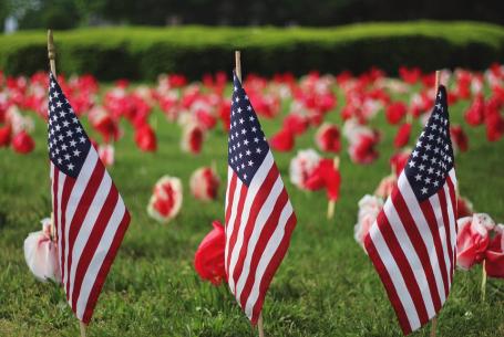 field with American flags and flowers